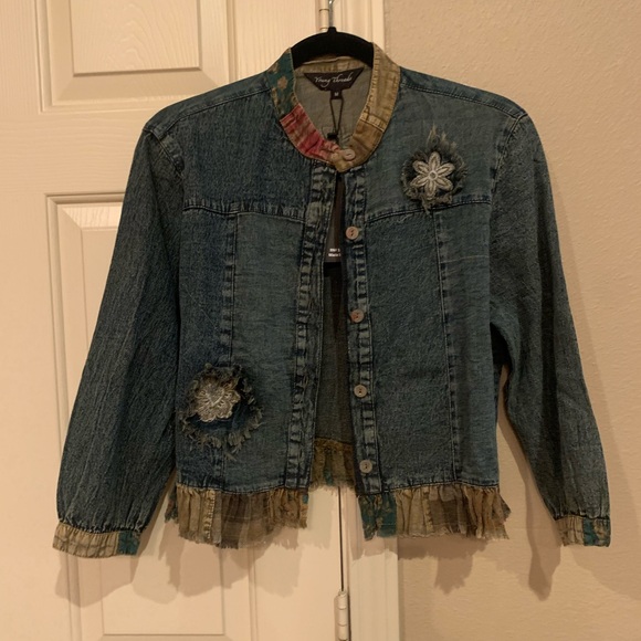 Young Threads Jackets & Blazers - Vintage-Inspired Blue Jean Jacket with Floral Details